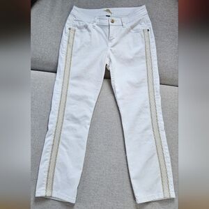 Size 0 Tommy Bahama Cropped White Slim Mid Rise Jeans with Golden Stripes